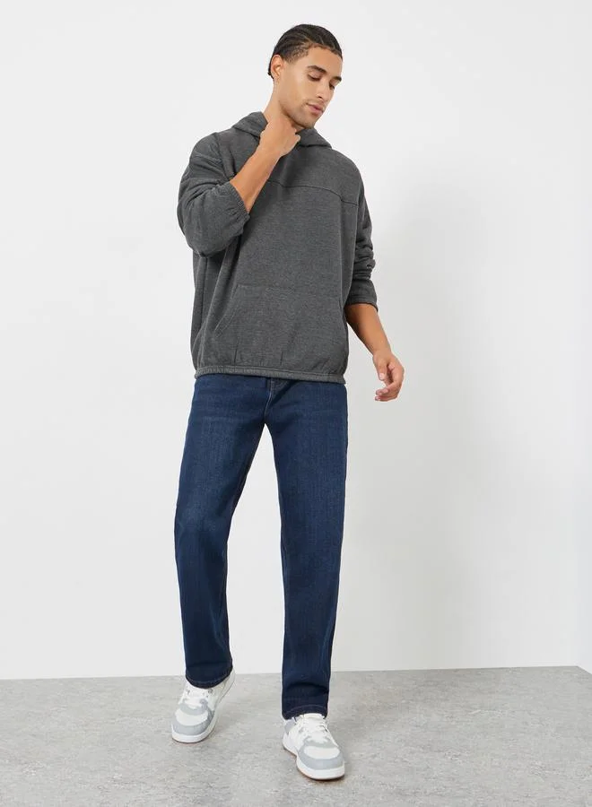 Styli Men Charcoal Oversized Fleece Hoodie with Kangaroo Pocket